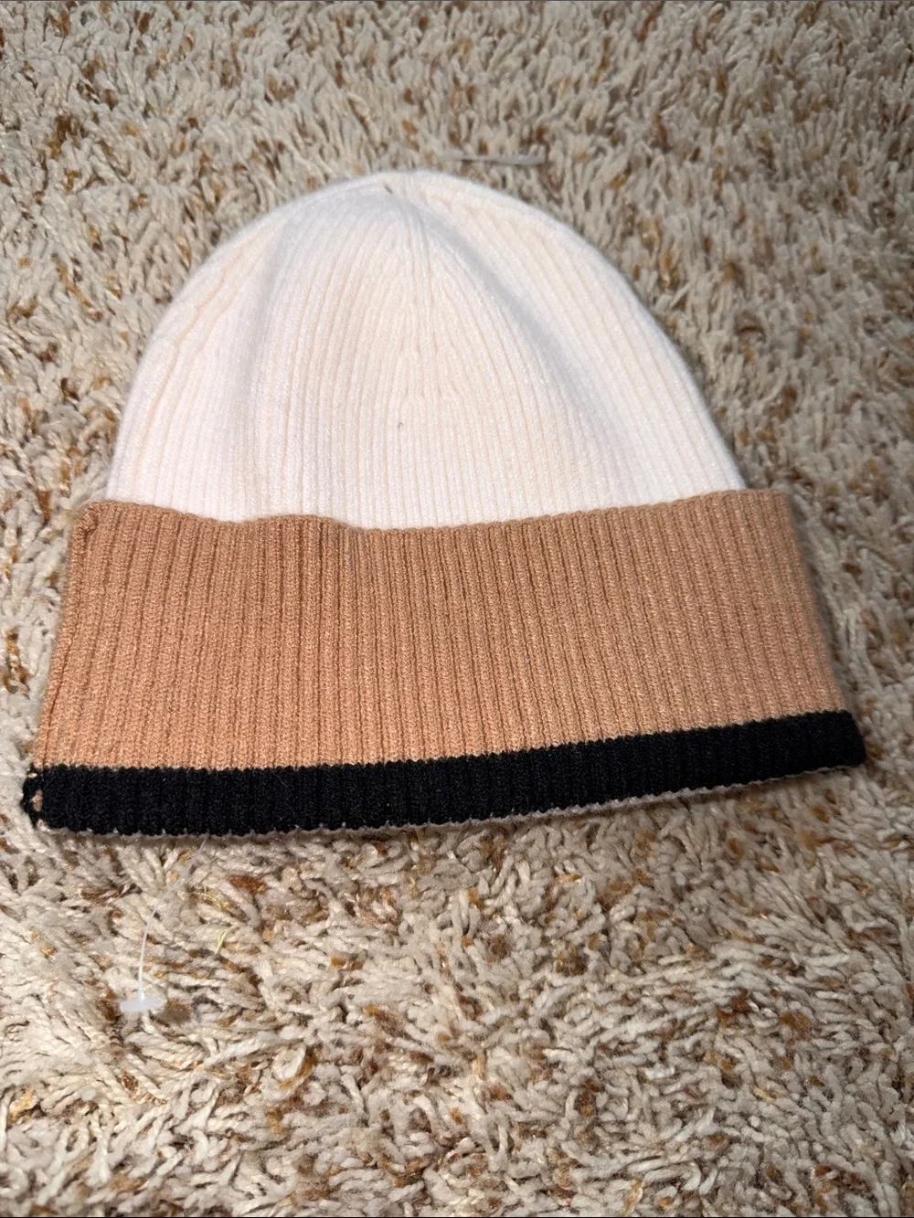 Anthropologie Colorblock Stripe Knit Beanie Hat Cap Brown Cream Tan Striped NWT